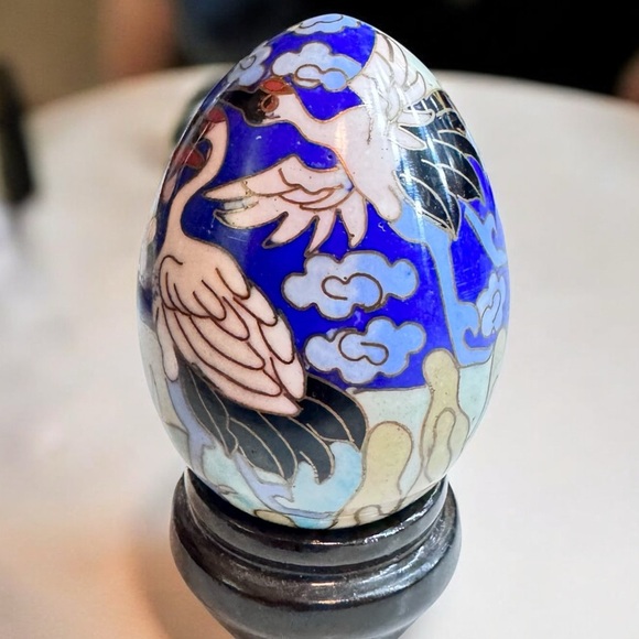 Chinese Cloisonné Enamel Egg & Wooden Stand - Picture 9 of 11